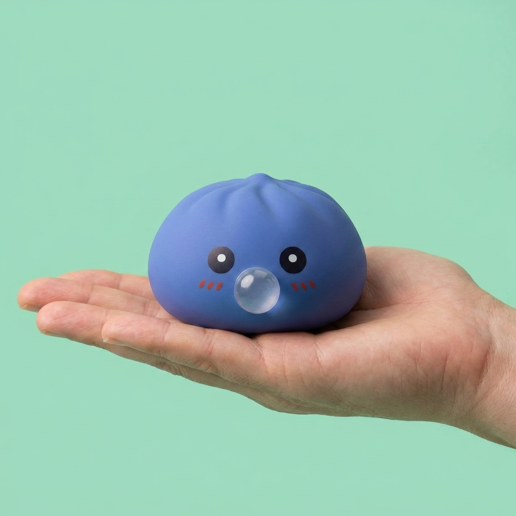 Dumpling Squishy Fioletowy Nadmuchany Pufiasty w dłoni — porównanie rozmiaru