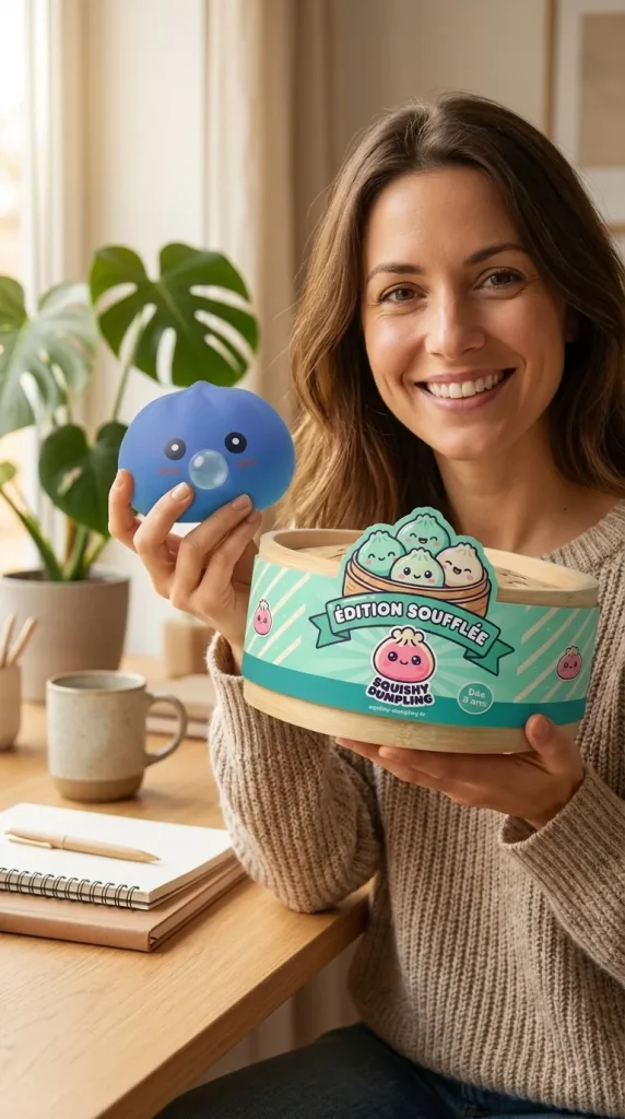 Dumpling Squishy Fioletowy Nadmuchany Pufiasty z pudełkiem