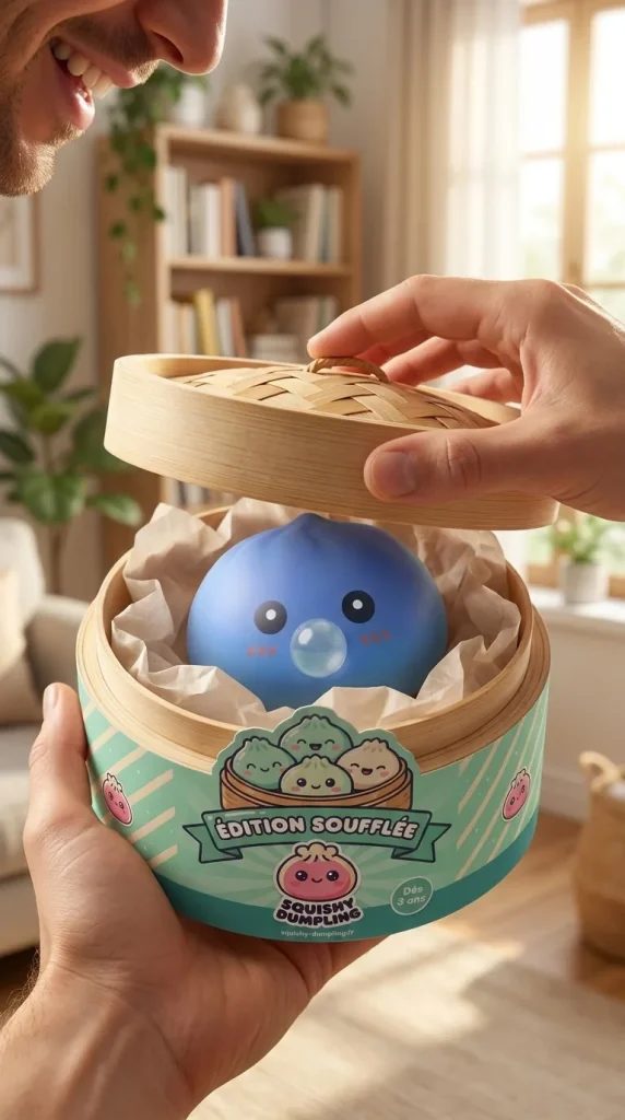 Dumpling Squishy Fioletowy Nadmuchany Pufiasty podczas rozpakowywania