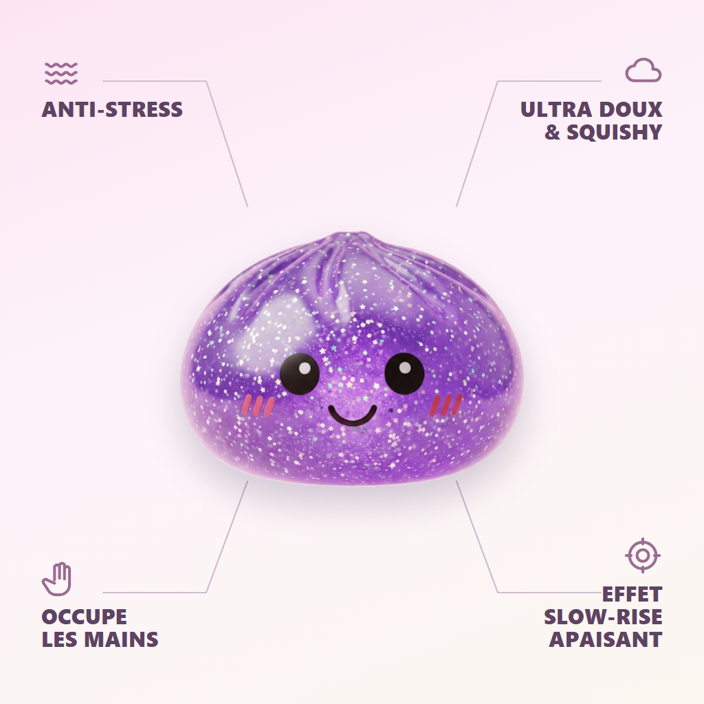 Glitter Dumpling Squishy Fioletowy Sen infografika: najważniejsze zalety