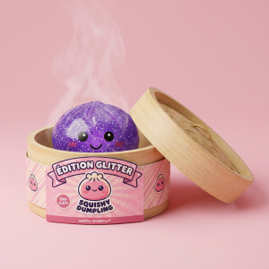Glitter Dumpling Squishy Fioletowy Sen w bambusowym koszyku