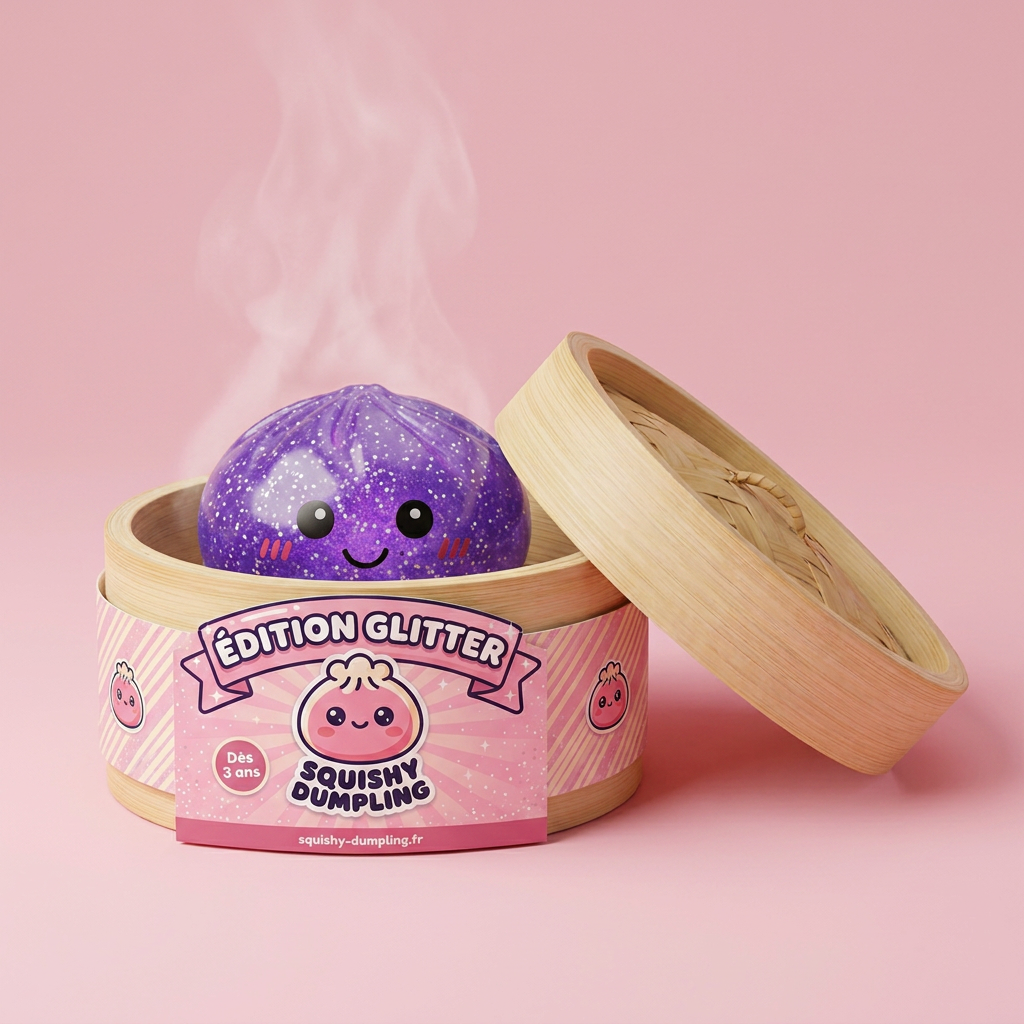 Glitter Dumpling Squishy Fioletowy Sen w bambusowym koszyku