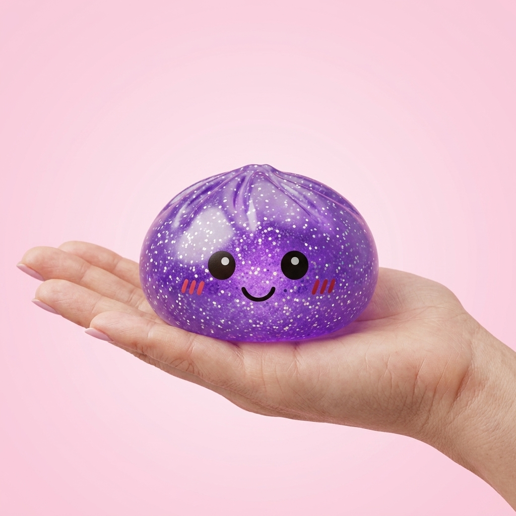 Glitter Dumpling Squishy Fioletowy Sen w dłoni — porównanie rozmiaru
