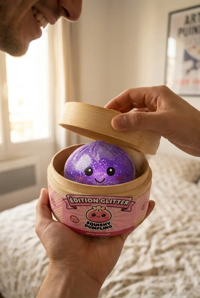 Glitter Dumpling Squishy Fioletowy Sen podczas rozpakowywania
