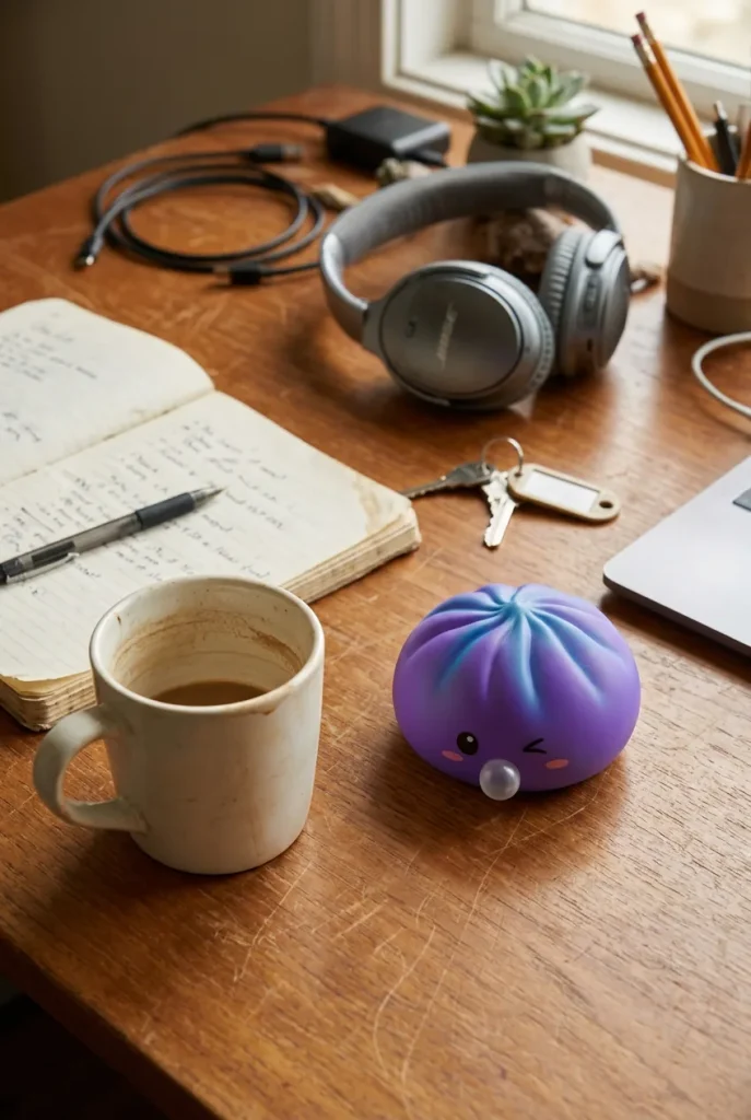Dumpling Squishy Purple Rare Blow Fioletowy na biurku