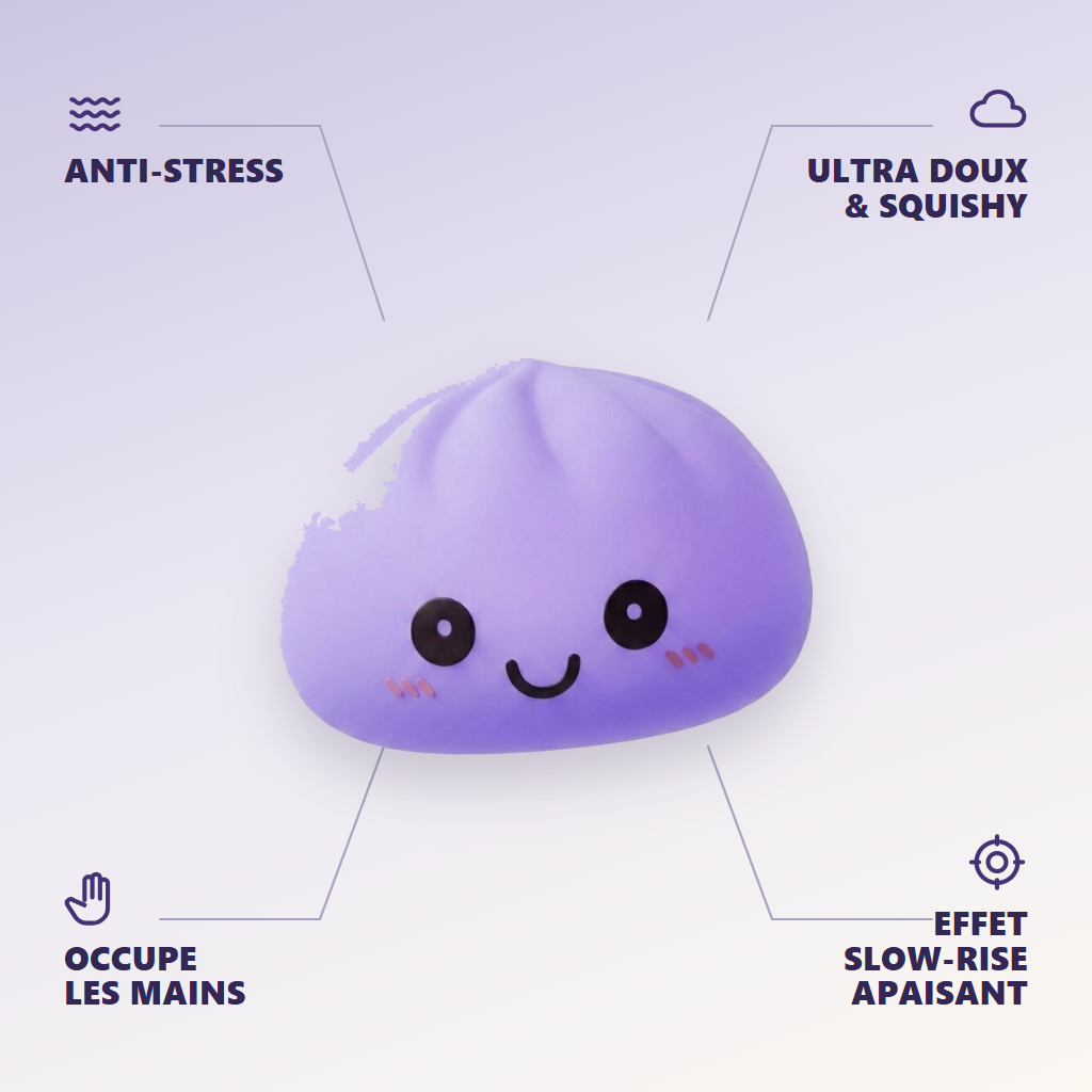 Dumpling Squishy Lampka Nocna Fioletowa infografika: najważniejsze zalety
