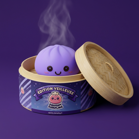 Dumpling Squishy Lampka Nocna Fioletowa w bambusowym koszyku