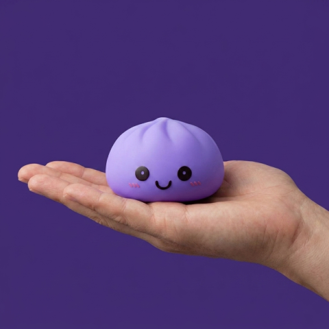 Dumpling Squishy Lampka Nocna Fioletowa w dłoni — porównanie rozmiaru