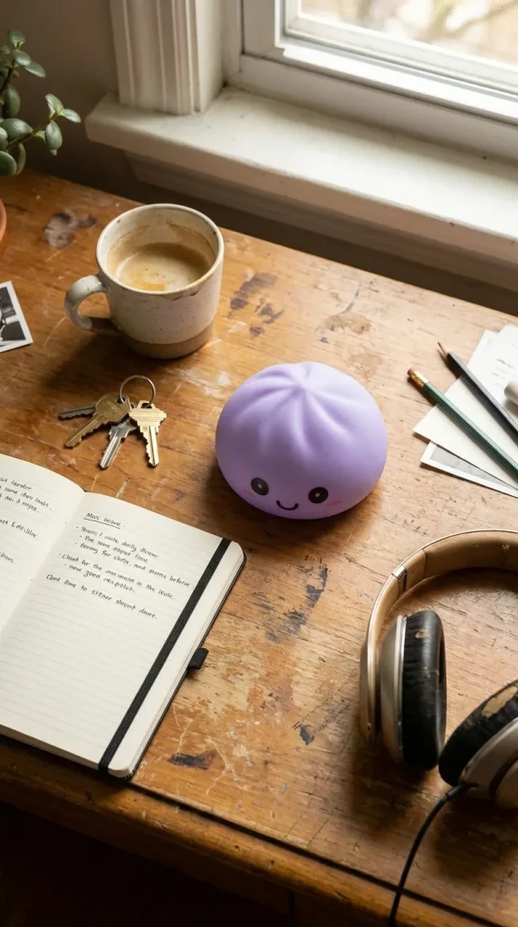 Dumpling Squishy Lampka Nocna Fioletowa na biurku