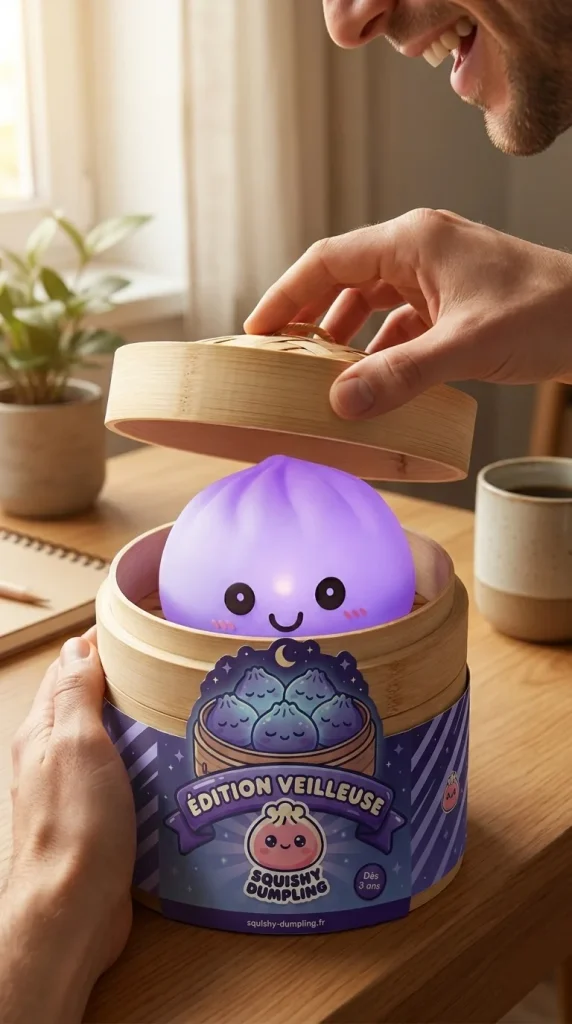 Dumpling Squishy Lampka Nocna Fioletowa podczas rozpakowywania