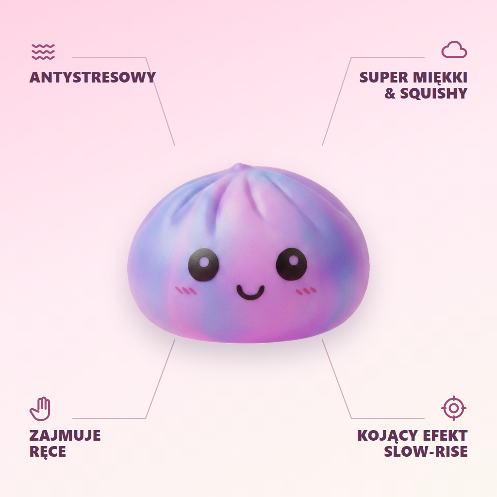 Squishy Dumpling Tie Dye Fioletowy Cukrowa Wata infografika: najważniejsze zalety
