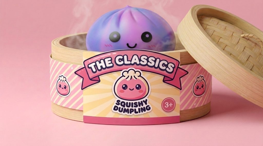 Squishy Dumpling Tie Dye Fioletowy Cukrowa Wata w bambusowym koszyku