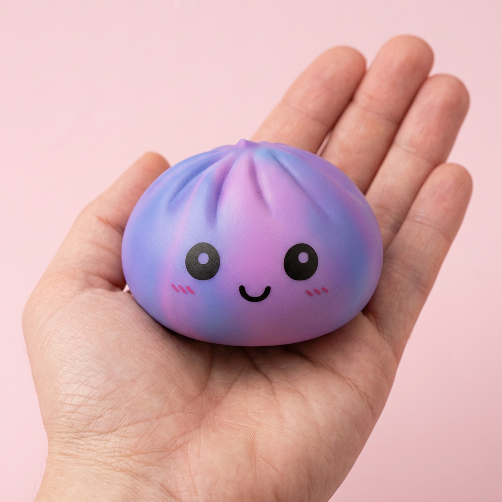 Squishy Dumpling Tie Dye Fioletowy Cukrowa Wata w dłoni — porównanie rozmiaru