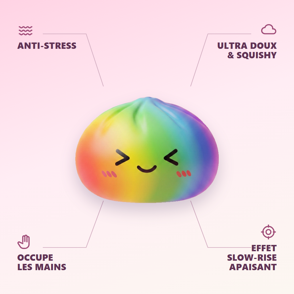 Rainbow Dumpling Squishy Tęczowy Kawaii infografika: najważniejsze zalety