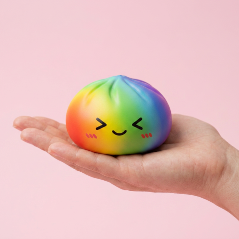 Rainbow Dumpling Squishy Tęczowy Kawaii w dłoni — porównanie rozmiaru