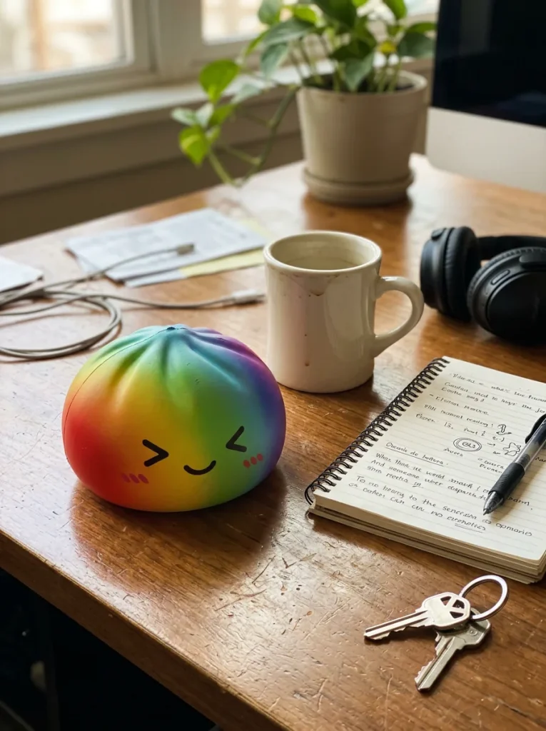 Rainbow Dumpling Squishy Tęczowy Kawaii na biurku