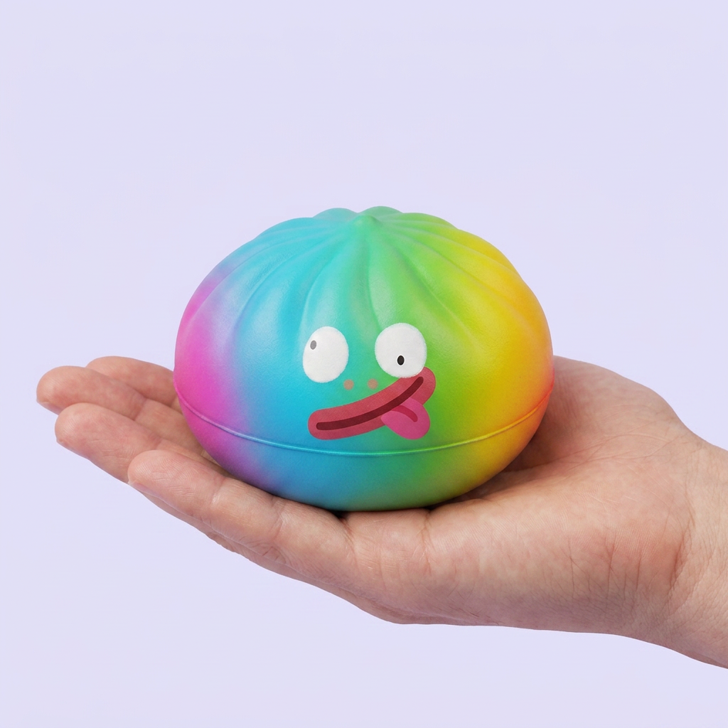Rainbow Mystery Dumpling Squishy Edycja Żywych Kolorów w dłoni — porównanie rozmiaru