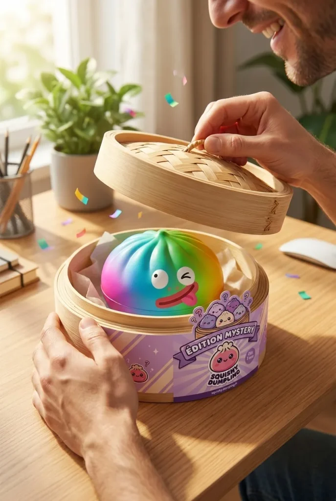 Rainbow Mystery Dumpling Squishy Edycja Żywych Kolorów podczas rozpakowywania
