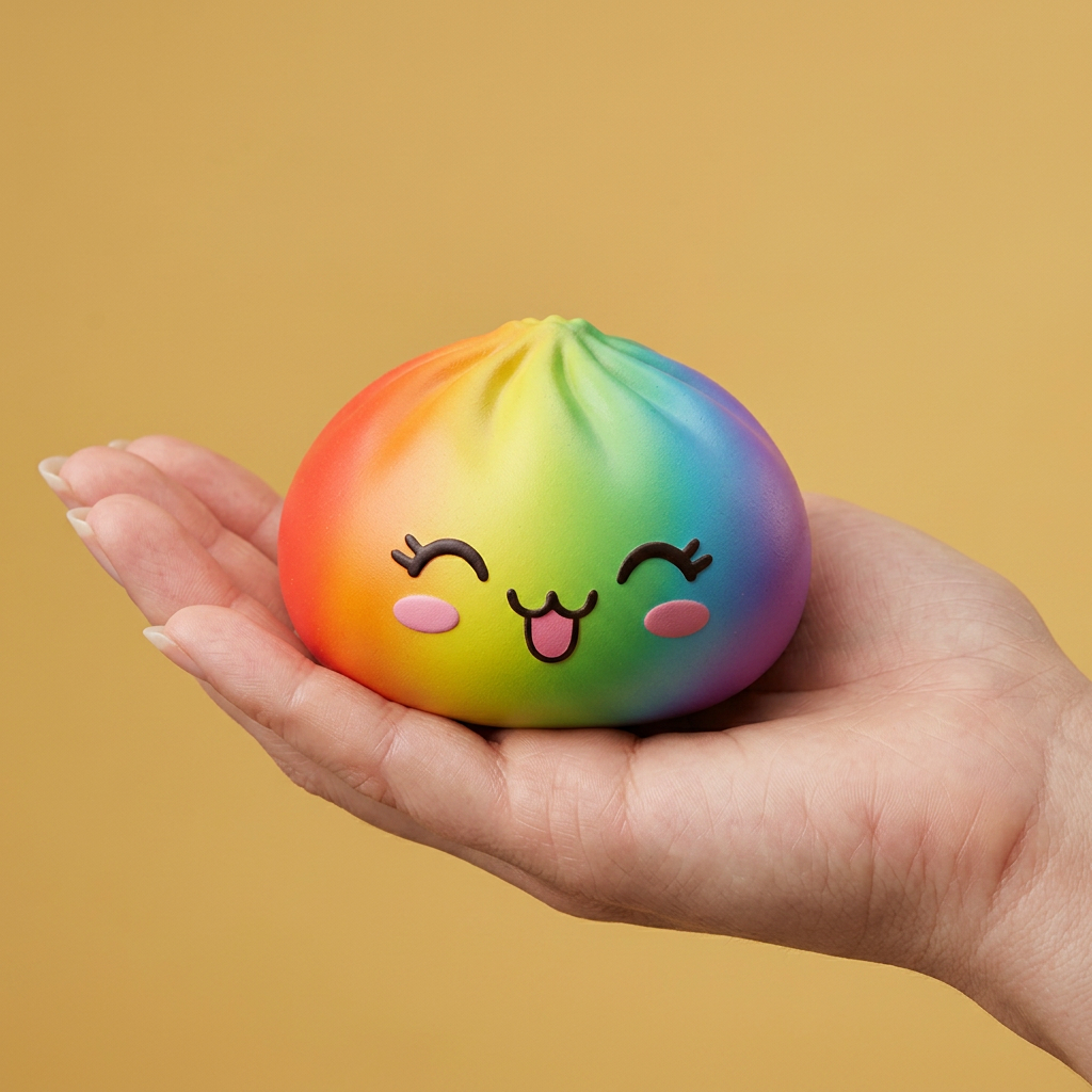 Rare Dumpling Squishy Tęczowy Kolorowy w dłoni — porównanie rozmiaru