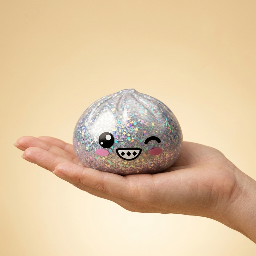 Rare Dumpling Squishy Srebrny Blask w dłoni — porównanie rozmiaru