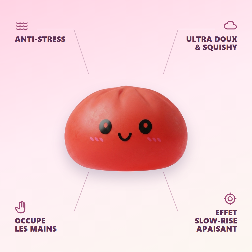 Dumpling Squishy Czerwony Wiśniowy infografika: najważniejsze zalety