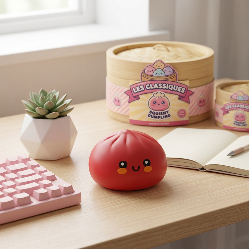Dumpling Squishy Czerwony w Koszyku Bambusowym w codziennej aranżacji