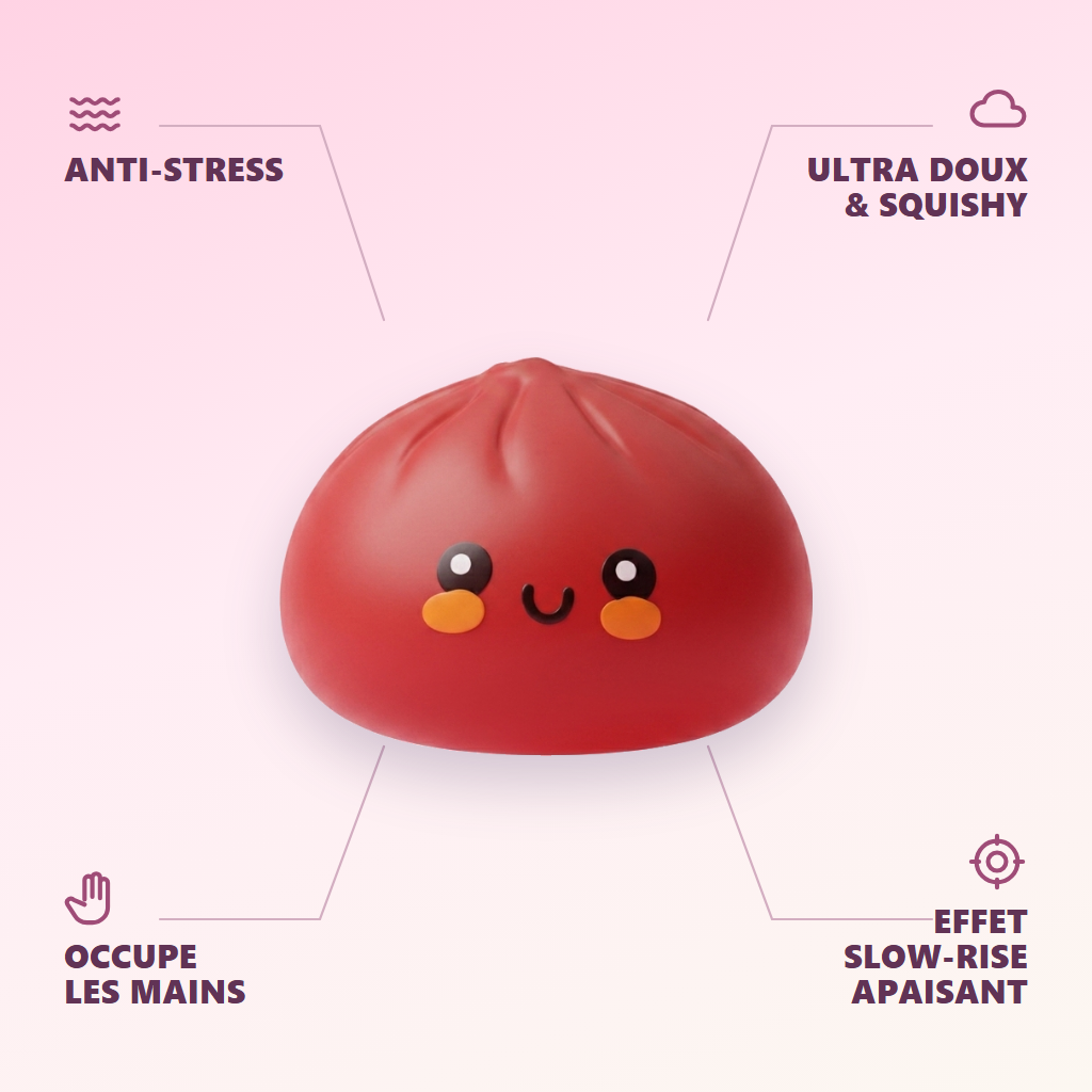 Dumpling Squishy Czerwony w Koszyku Bambusowym infografika: najważniejsze zalety