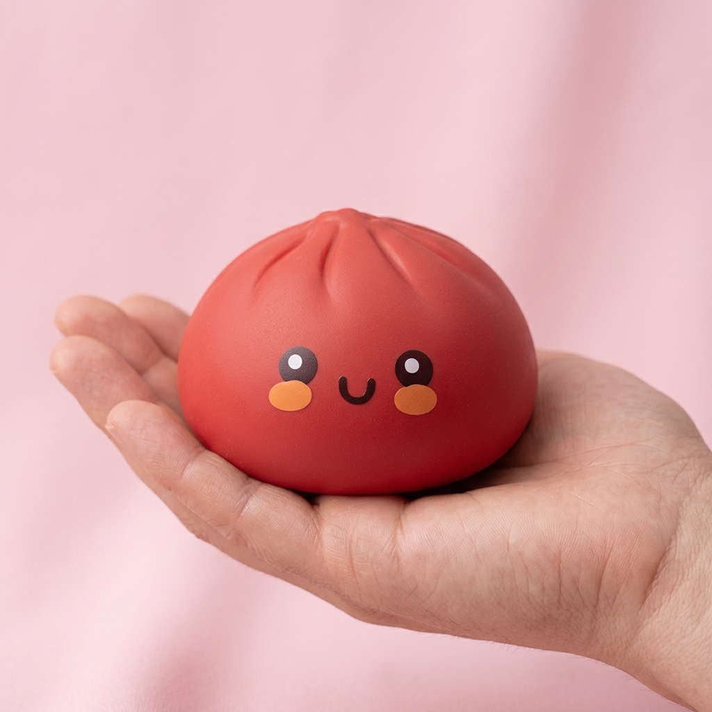 Dumpling Squishy Czerwony w Koszyku Bambusowym w dłoni — porównanie rozmiaru