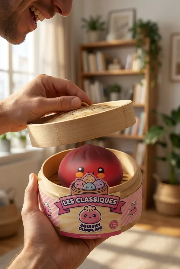 Dumpling Squishy Czerwony w Koszyku Bambusowym podczas rozpakowywania
