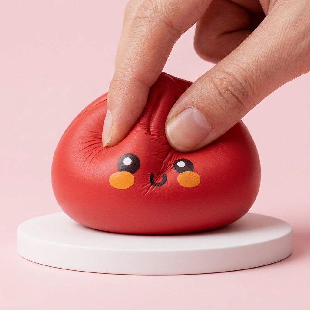 Dumpling Squishy Czerwony w Koszyku Bambusowym ściskany w dłoni