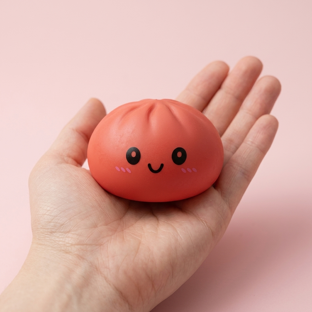 Dumpling Squishy Czerwony Wiśniowy w dłoni — porównanie rozmiaru