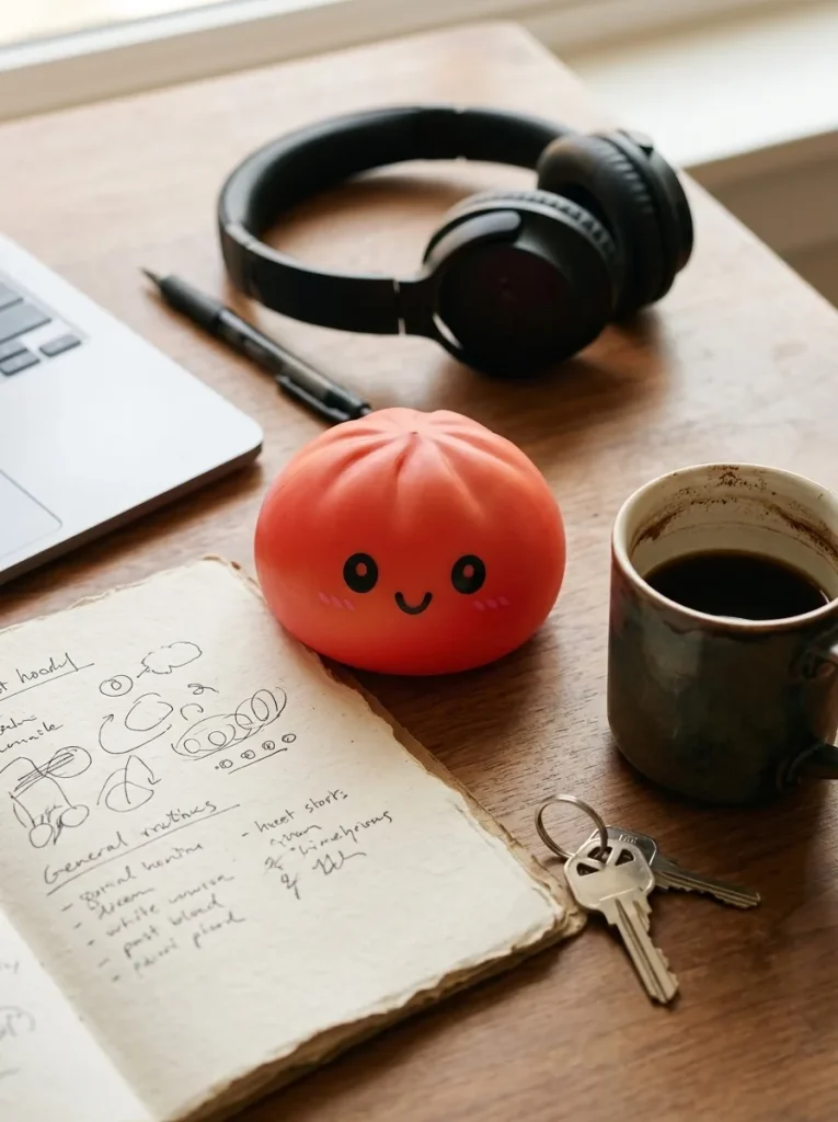 Dumpling Squishy Czerwony Wiśniowy na biurku