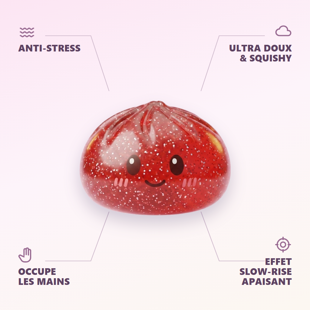 Glitter Dumpling Squishy Czerwony Szczęście infografika: najważniejsze zalety