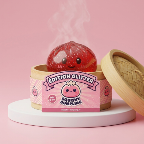 Glitter Dumpling Squishy Czerwony Szczęście w bambusowym koszyku