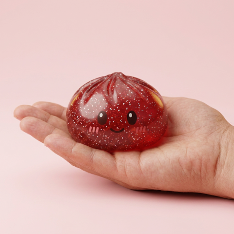Glitter Dumpling Squishy Czerwony Szczęście w dłoni — porównanie rozmiaru