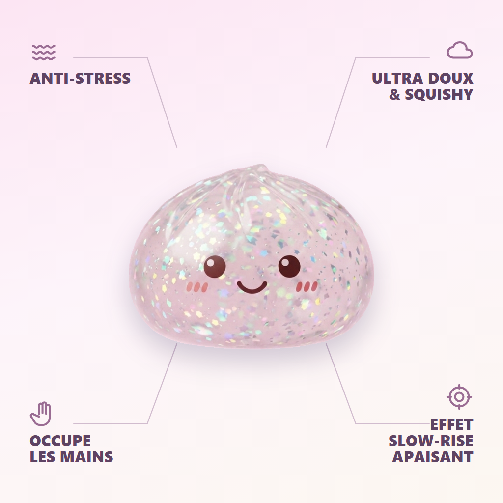 Glitter Dumpling Squishy Srebrny Blask infografika: najważniejsze zalety