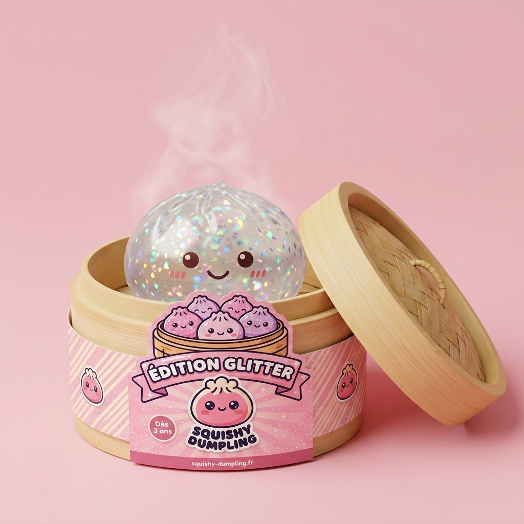 Glitter Dumpling Squishy Srebrny Blask w bambusowym koszyku