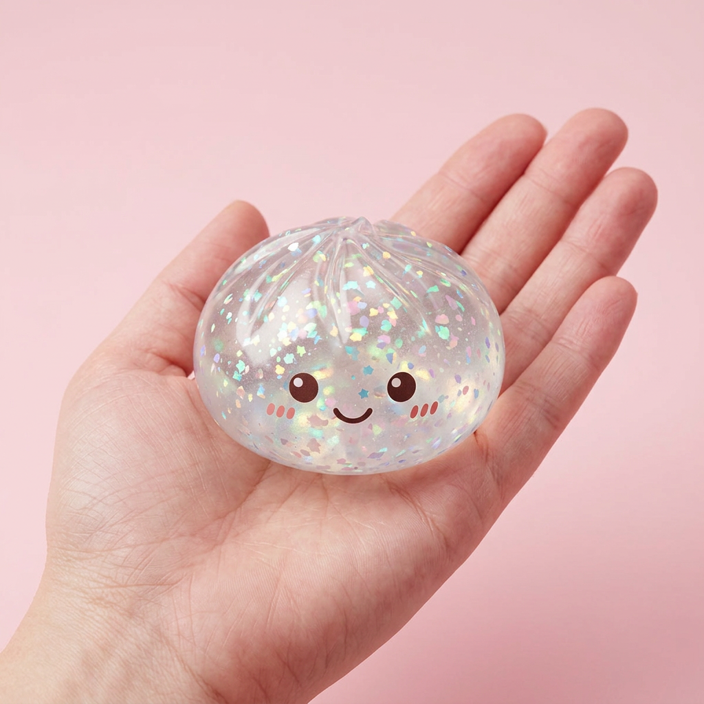 Glitter Dumpling Squishy Srebrny Blask w dłoni — porównanie rozmiaru