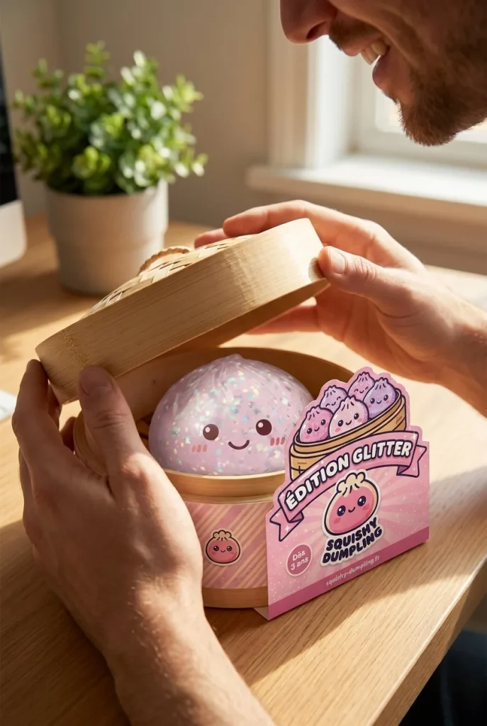Glitter Dumpling Squishy Srebrny Blask podczas rozpakowywania