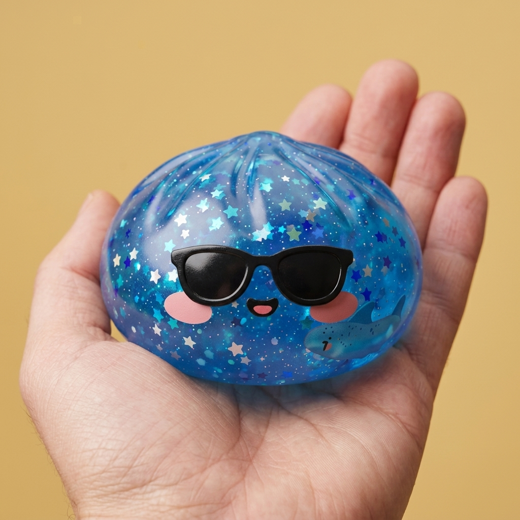 Squishy Dumpling Okulary Sparkle w dłoni — porównanie rozmiaru