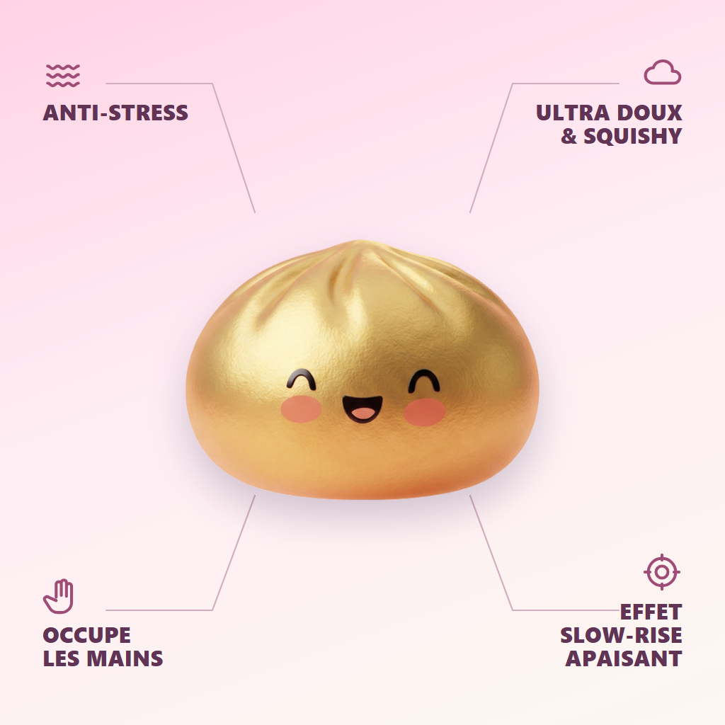 Dumpling Squishy Złoty Lucky infografika: najważniejsze zalety
