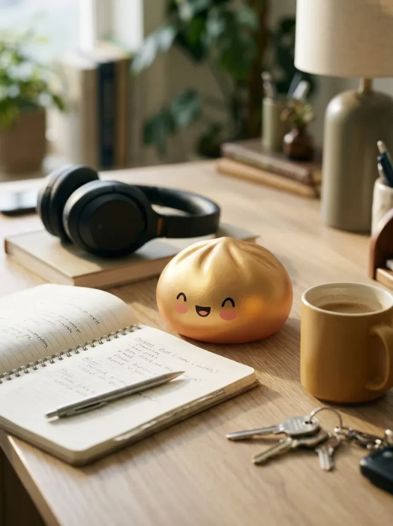 Dumpling Squishy Złoty Lucky na biurku