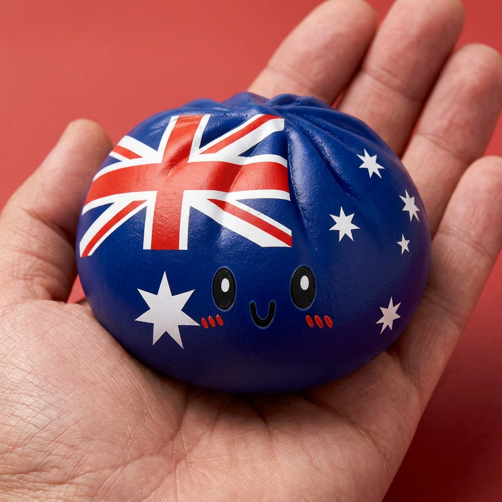 Flag Squishy Dumpling Australia w dłoni — porównanie rozmiaru