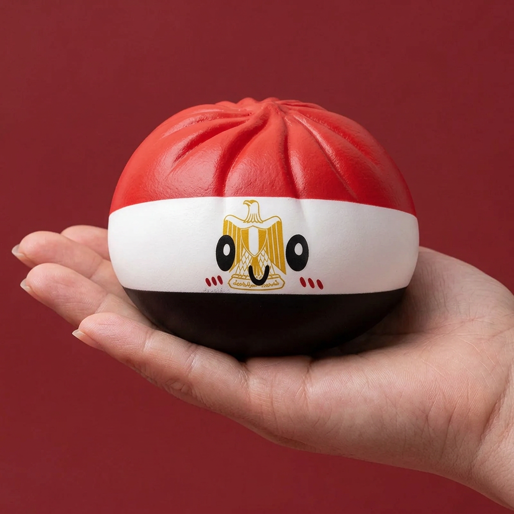 Flag Dumpling Squishy Egipt w dłoni — porównanie rozmiaru
