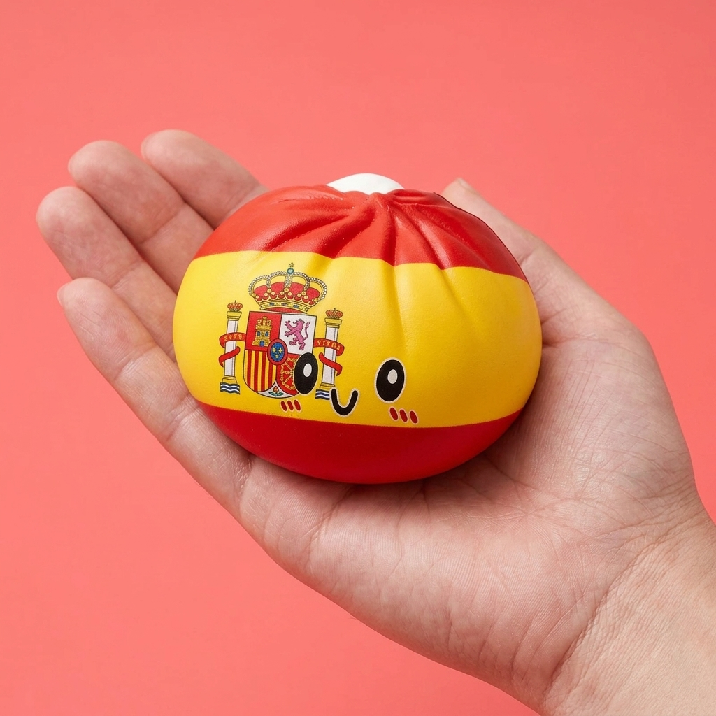 Squishy Flag Dumpling Hiszpania w dłoni — porównanie rozmiaru