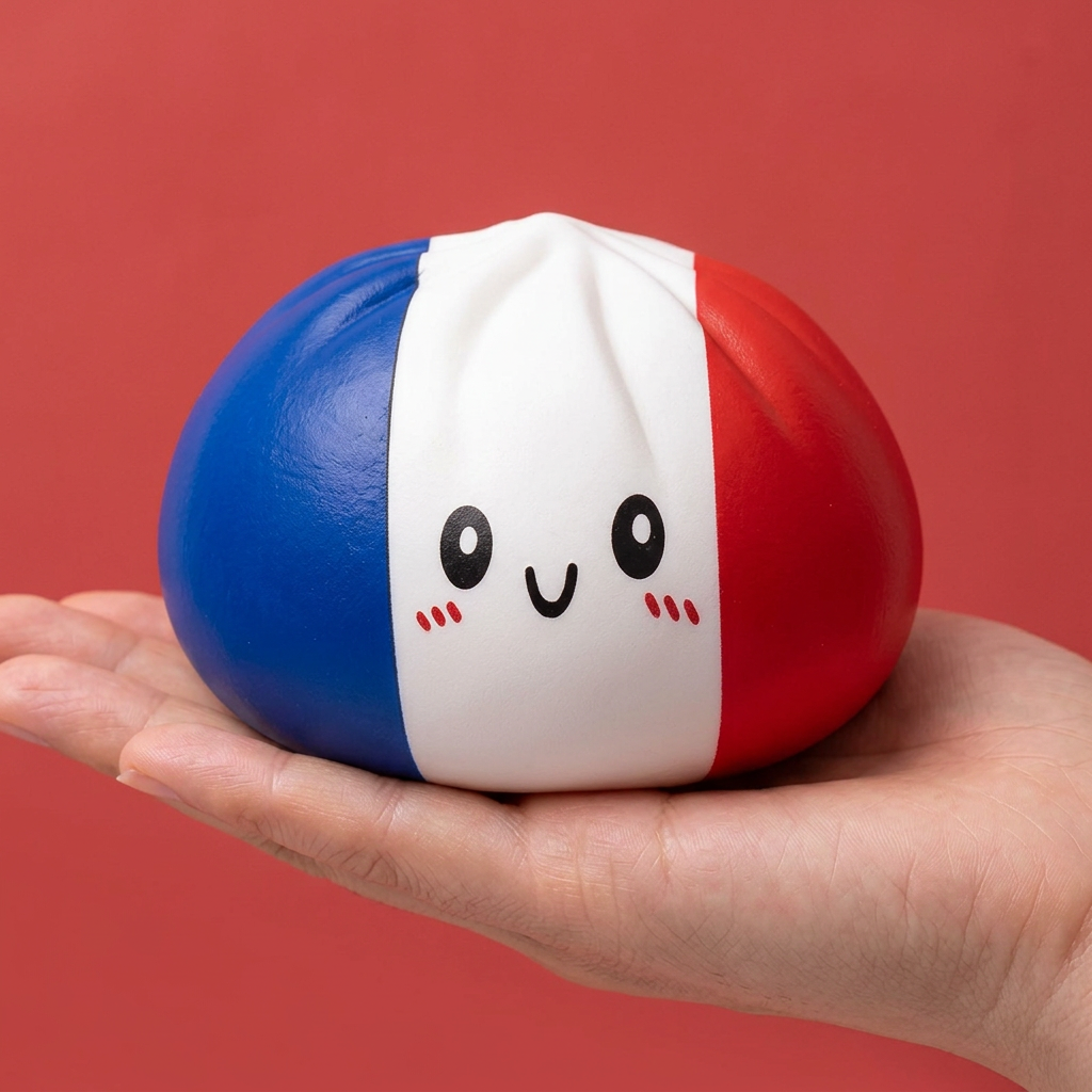 France Flag Squishy Dumpling Trójkolorowy w dłoni — porównanie rozmiaru