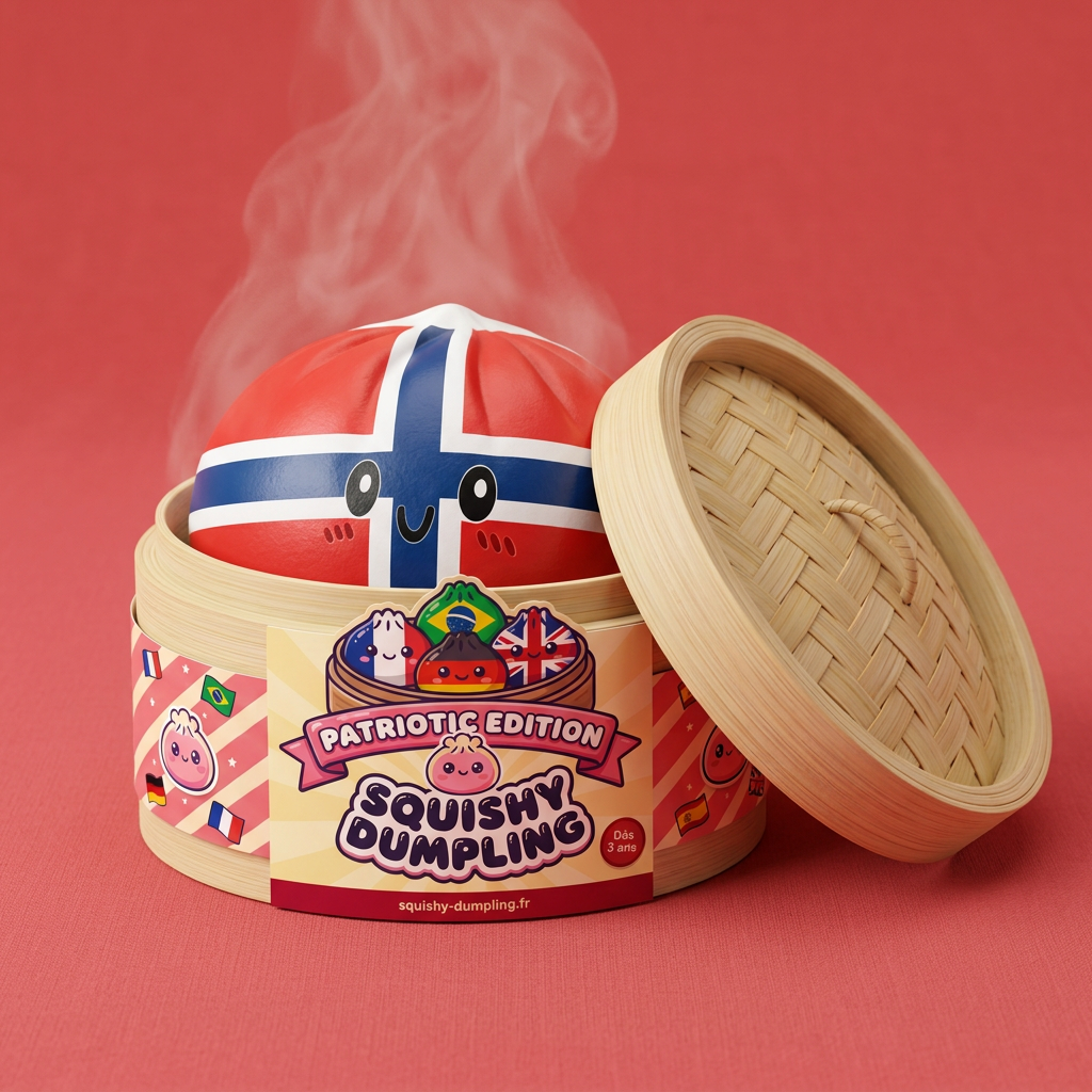 Flag Squishy Dumpling Norwegia z Koszykiem Bambusowym w bambusowym koszyku