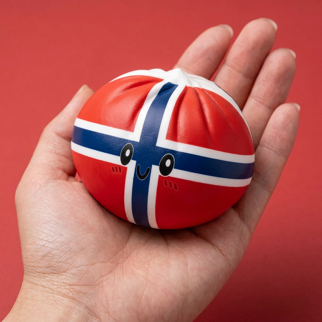 Flag Squishy Dumpling Norwegia z Koszykiem Bambusowym w dłoni — porównanie rozmiaru