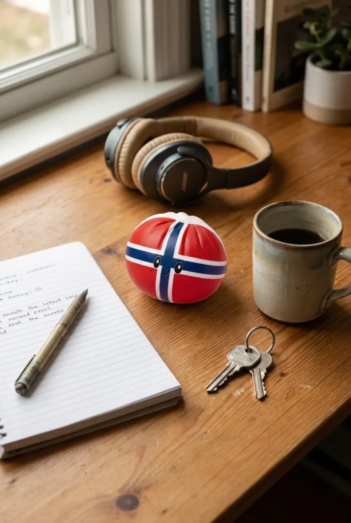 Flag Squishy Dumpling Norwegia z Koszykiem Bambusowym na biurku