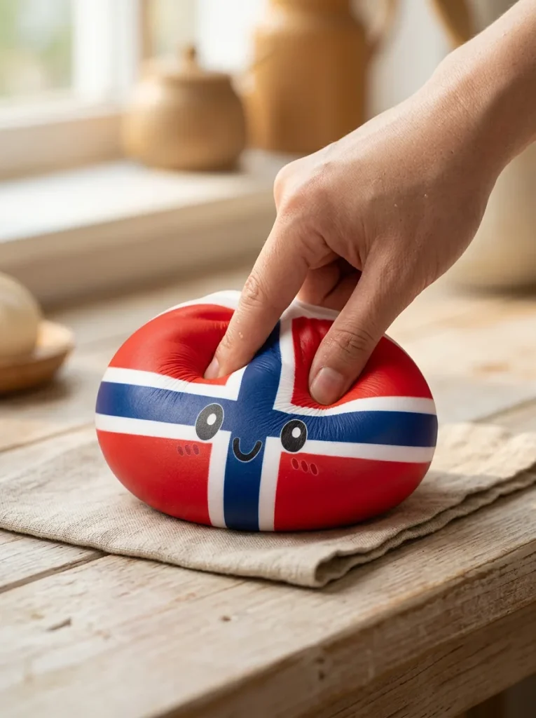Flag Squishy Dumpling Norwegia z Koszykiem Bambusowym podczas ściskania